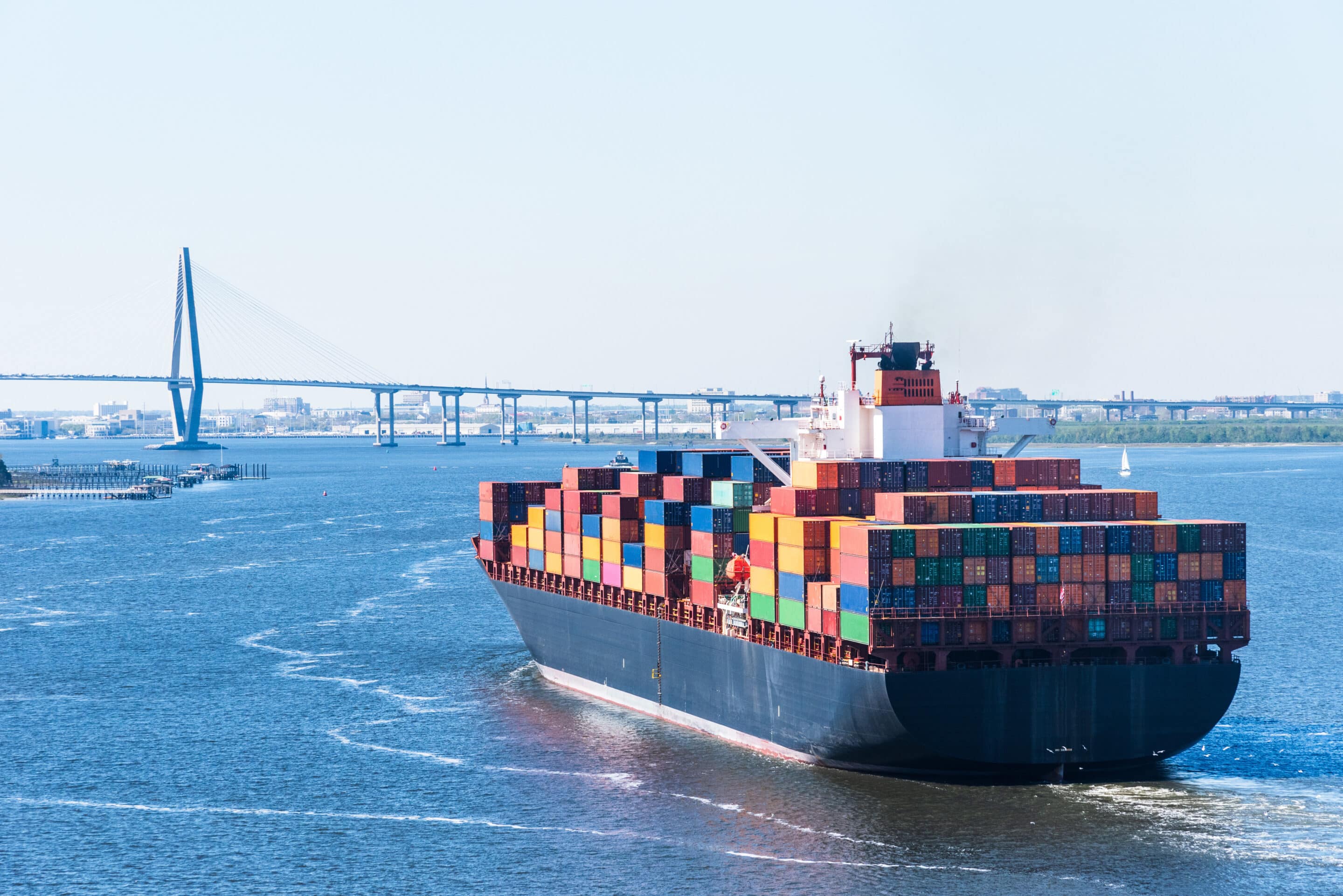 Container ship approaches port of Charleston, SC; efficient port drayage services by Distribution Technology